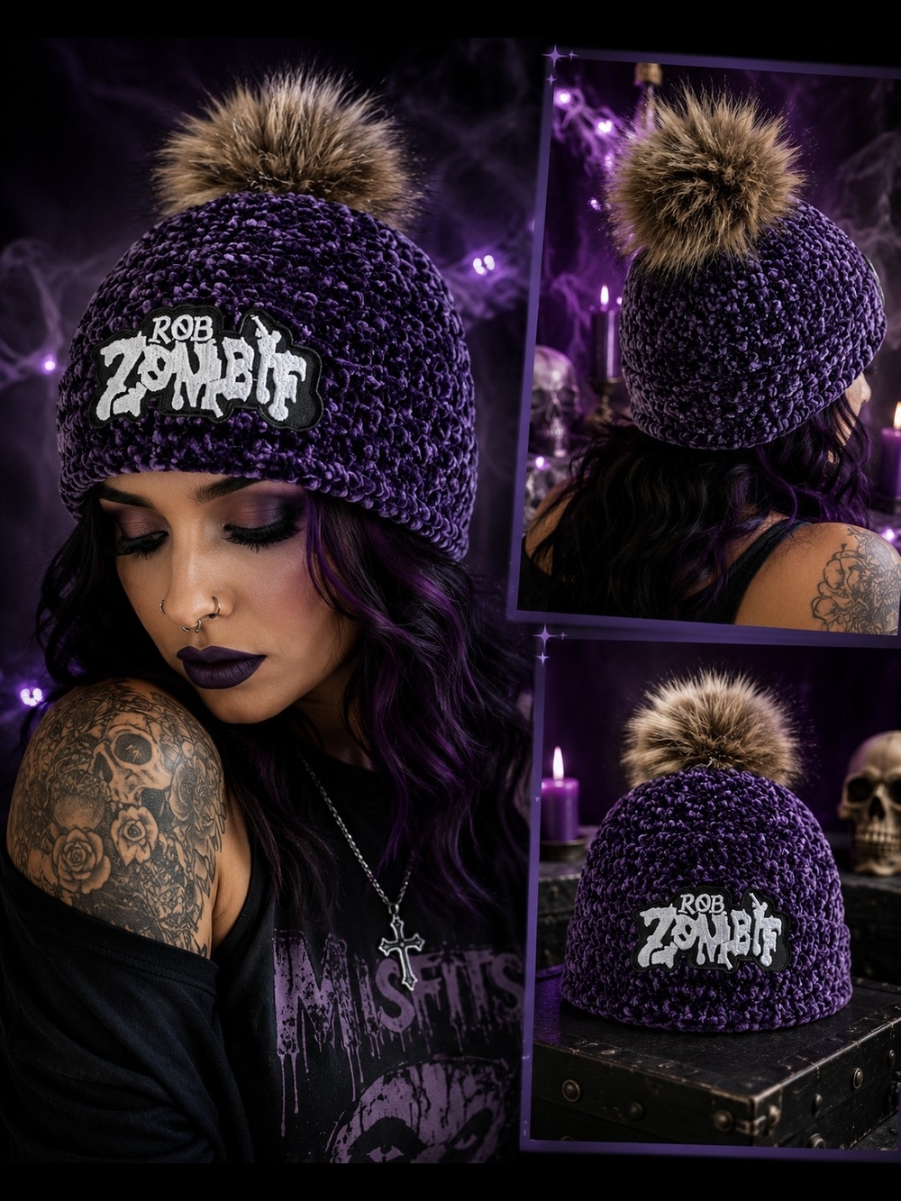 Purple Pom Beanie Hat